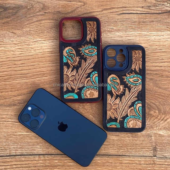 New Custom Design Turquoise Western Hand Tooled and Floral Leather Phone Cases for iPhone Genuine Leather Case IPhone 15 Pro Max