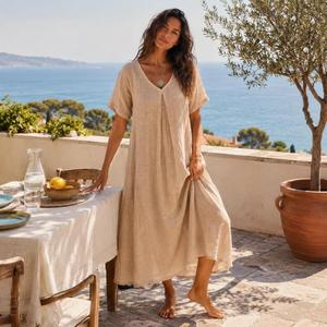 Vestido Maxi de Lino Liso Estilo Boho Chic, Cuello en V, Manga Corta, Corte Holgado, Vestido Casual de Verano, Color Sólido, Tejido Transpirable - Product Image 1