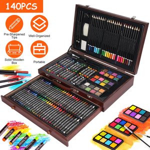 Professionale 140 pezzi Art forniture Kit elegante scatola di legno matite colorate olio pastelli acquerello pennelli gomma per bambini - Product Image 1
