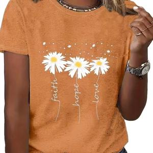 Camiseta de algodón orgánico con cuello redondo informal para mujer, camiseta con letras de encaje serigrafiadas, Jersey Vintage de manga corta, sólido, natural, personalizable - Product Image 4