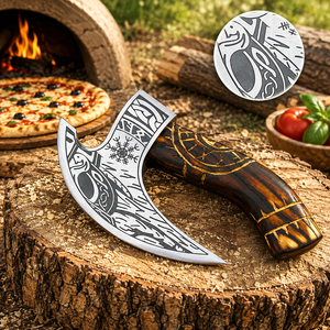 Ensemble de 5 coupe-pizzas forgés à la main, lame en acier au carbone, écologiques, ambidextres, manche en bois de frêne, mariage, fête des pères, fête des mères - Product Image 4