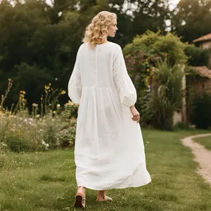 Women White Cotton Maxi <b>Dress</b> V Neck <b>Long</b> Sleeve Loose Fit Flowy <b>Boho</b> Style <b>Dress</b> - Product Image 2