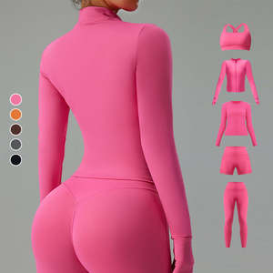 Womens <b>Pink</b> 5 Piece <b>Gym</b> <b>Set</b> Zip Jacket Sports Bra Crop Top High Waist Leggings Shorts Yoga Workout <b>Set</b> - Product Image 5