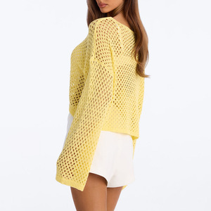 Top tendance et élégant en crochet jaune pour femme, pull doux anti-plis en maille unie, col rond, manches lanternes, décontracté pour l'été - Product Image 2