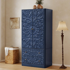 Luxury Handcrafted Solid Wood 2 Door <b>Wardrobe</b> Ornate Floral Carving Royal Navy Blue Finish Armoire - Product Image 4