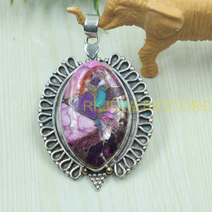 <b>Pink</b> Copper Turquoise Pendant 925 Sterling Silver Handmade Oval Boho Statement Jewelry Vintage Ethnic Designer Gift for Unisex - Product Image 2
