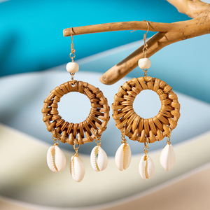 Trendy Boho Style Handmade Rattan Dangle <b>Earrings</b> Women Lightweight Geometric Drop Wicker Crafts Made Vietnam TUYET DUNG Wedding - Product Image 1