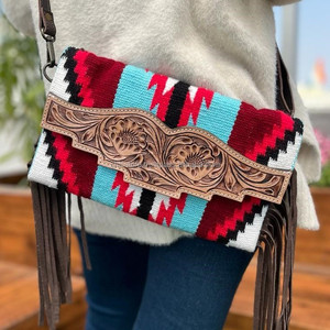 Sac à bandoulière à franges multicolores en cuir aztèque véritable usiné de style occidental Sac à main de couverture de selle usiné nouvelle arrivée vente chaude - Product Image 2