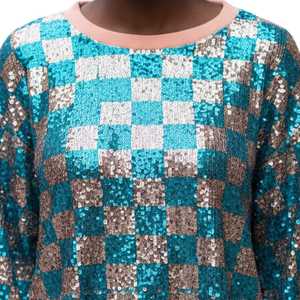 Jack and Jill <b>Sequin</b> Checkered Tunic Women Long Sleeve Sparkle Bling Loose Fit Fashion <b>Party</b> <b>Top</b> Custom Boutique Apparel - Product Image 5