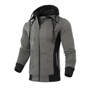 Men Cotton <b>Fleece</b> Zip-Up Hoodie, <b>Grey</b> Contrast Panel Sportswear <b>Jacket</b>, Wholesale OEM Custom Casual Hoodies Manufacturer - Product Image 1