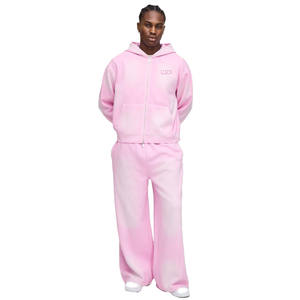 Ensemble de survêtements en polaire rose pastel à fermeture éclair pour hommes, sweat à capuche surdimensionné et jogging, tenue de rue deux pièces Fabricant de vêtements OEM - Product Image 4