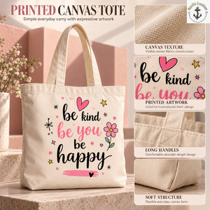 กระเป๋าผ้าแคนวาสธรรมชาติพร้อมงานพิมพ์ลาย Be Kind Be Happy |   กระเป๋าช้อปปิ้งแบบลำลองพร้อมหูหิ้วยาวสำหรับพกพาในชีวิตประจำวันและการเดินทาง - Product Image 5