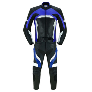 Combinaison de moto en cuir noir, bleu et blanc pour homme, manches longues, coupe-vent, color-block, toutes saisons - Product Image 1