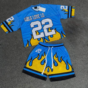 Ensemble 2 pièces personnalisé pour homme, été, respirant, en tissu polyester/coton, t-shirt en maille et short, style streetwear ample, football - Product Image 1