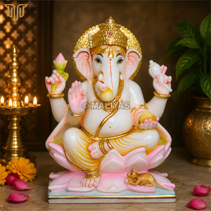 Estatua de Ganesha en Mármol Puro sobre Base de Loto |   Ídolo del Dios Ganesha Hecho a Mano |   Murti de Ganpati de Mármol Premium para Templo en Casa - 12 Pulgadas - Product Image 1