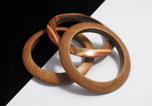 Handcrafted Sissoo & Teak <b>Wooden</b> <b>Bangle</b> Set Wax Polished Finish Hexagonal & Inlaid Designs Satin Polish Artisan Jewelry - Product Image 4
