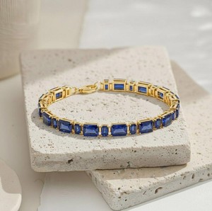 Radiant Cut Emerald Cut Lab Grown Blue Sapphire Stone Charm <b>Bracelet</b> Sterling Silver Luxury Elegant <b>Gemstone</b> Jewelry Gift Women - Product Image 4