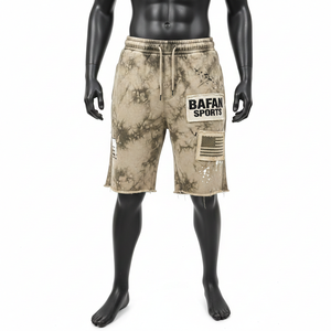 Pantalones cortos de algodón con efecto lavado ácido para hombre, 320 GSM, beige vintage, negro, con parche de logotipo bordado personalizado, estilo streetwear. - Product Image 6