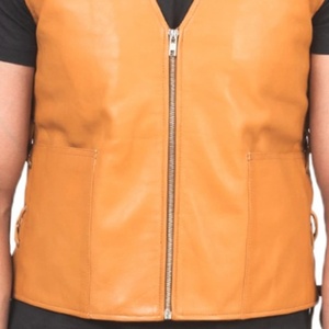 <b>Men</b>’s Orange Leather Biker Vest Front Zipper Classic Motorcycle Sleeveless <b>Jacket</b> Minimalist Style Genuine Leather Riding Vest - Product Image 5