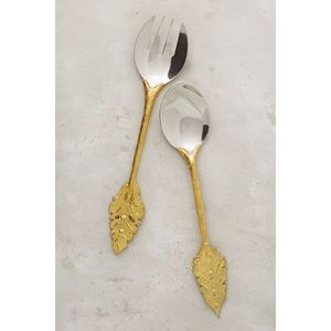 Juego de servidores de ensalada de acero inoxidable de alta calidad, chapados en oro, con elegantes mangos retorcidos, vajilla metálica moderna para uso hotelero. - Product Image 1