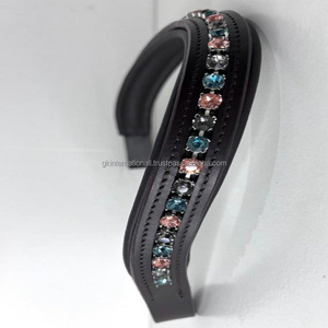 Bande de front de cheval en cuir véritable en forme de vague en pleine taille Cob cristaux multicolores strass incrustés canal vide bande de front de cheval - Product Image 1
