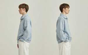 Sweat-shirt unisexe bleu clair à demi-zip en coton French Terry à manches longues, haut décontracté, tenue avec pantalon blanc, style uniforme scolaire - Product Image 2