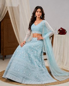 Magnifique Lehenga Choli en tulle bleu ciel brodé pour les fêtes - Product Image 3