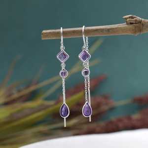 Pendientes Largos de Plata de Ley 925 con Amatista, Cadena Larga con Colgante de Piedra Preciosa Morada, Joyería de Exportación de la India - Product Image 2