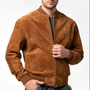 Blouson bomber en cuir véritable pour homme, coupe-vent, avec col montant et fermeture éclair - Product Image 3