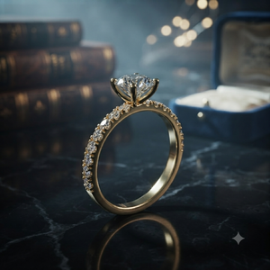 Bague de fiançailles solitaire en or jaune avec diamant taille ronde pour femme, bague pavée pour mariage, promesse ou anniversaire - Product Image 1