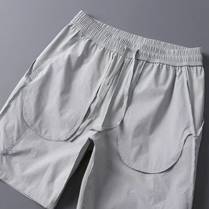 Men's Gray Solid Cotton Cargo Shorts Mid Waist Elastic Breathable Casual Bermuda Style - Product Image 5