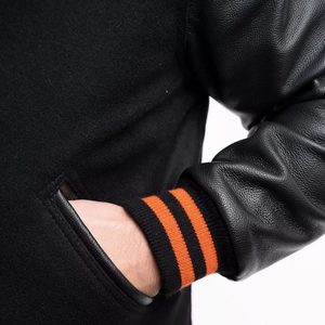 Men's Black Solid Color With Orange Trim Leather Sleeves Button Closure Casual Wear Regular <b>Fit</b> Turn-down Collar Varsity <b>Jacket</b> - Product Image 2