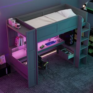 Cama alta de madera gris oscuro tamaño twin para juegos con estación de carga LED y estantes de almacenamiento múltiple. Llegada estimada 2.1 - Product Image 4