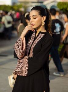 Black Embossed Rayon Cotton Salwar Kameez Set Women Ethnic Indian Pakistani Outfit Pink Pants Dupatta Quick Dry Wedding Wear - Product Image 2