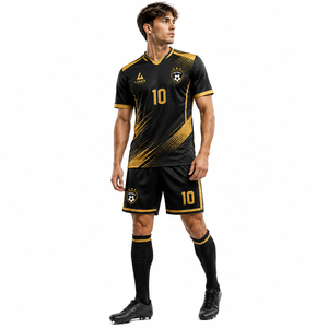 Ensemble d'uniformes de football personnalisés sublimés avec maillot, short, chaussettes et crampons, noir et or, vêtements de sport d'équipe avec nom et numéro - Product Image 3