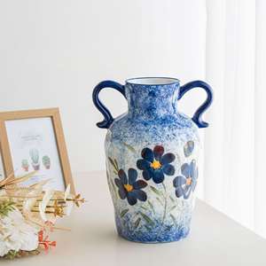 Jarrón de Cerámica Pintado a Mano con Doble Asa, Estilo Mediterráneo, Decorativo para el Hogar, Venta <span class=keywords><strong>al</strong></span> <span class=keywords><strong>Por</strong></span> <span class=keywords><strong>Mayor</strong></span> OEM - Product Image 1
