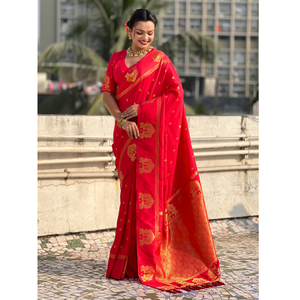 Sari traditionnel en soie douce rouge tissé à la main pour vêtements indiens et pakistanais - Product Image 1