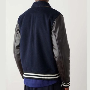 Veste de sport marine pour homme avec manches en cuir, col rabattable, fermeture éclair, style décontracté, couleur unie, coupe classique, idéale pour l'automne - Product Image 4