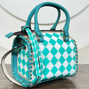 Stylish Turquoise & White Checkered Design Small Speedy Hand Tooled Leather Travel <b>Bag</b> Western Compact Size Crossbody Duffel <b>Bag</b> - Product Image 5