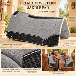 Almohadilla Premium para Silla de Montar Western, de Fieltro Gris, con Ribete de Cuero Texturizado de Cocodrilo Negro y Costuras Blancas en Contraste - Product Image 5