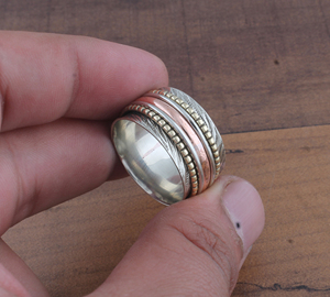 Wholesale 925 Sterling <b>Silver</b> Brass <b>Spinner</b> <b>Ring</b> Two Tone Dotted Meditation Band Handmade Anti-Stress Fidget <b>Ring</b> for Men - Product Image 1