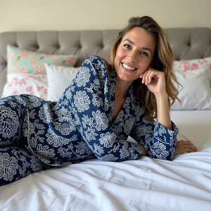 Nocturne Bloom Artisan Cotton Nightwear con intrincado Jaal-Block Print Pantalón largo con camisa - Product Image 1