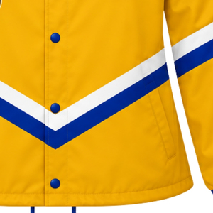 Veste universitaire pour femme en or jaune, brodée de lettres grecques, avec lettres appliquées bleues, logo cranté, boutonnée sur le devant - Product Image 5