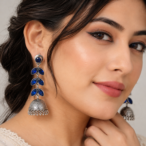Blue Zircon Chandelier <b>Earrings</b> With Bell Shape Antique <b>Silver</b> Plated Ethnic Style For Women Wedding Jewelry - Product Image 1