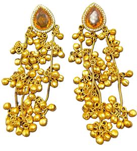 Vintage Kashmiri <b>Gold</b> Plated Brass Amber Stone Statement <b>Earrings</b> Heavy Ghungroo <b>Dangle</b> <b>Earrings</b> Wholesale Manufacturer - Product Image 2