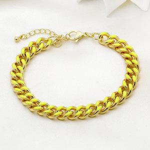 สร้อยข้อมือเงินแท้ 925 ชุบทอง สีเหลืองนีออน แบบ Cuban Link สำหรับผู้หญิง สร้อยข้อมือเคลือบเงา แฟชั่นเครื่องประดับโดดเด่น - Product Image 1