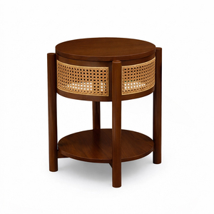 Table de chevet ronde Dhifa en teck massif, style scandinave, élégante et fonctionnelle, avec tiroirs et étagères en rotin, pour villa - Product Image 3