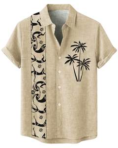 Camisa de Manga Corta con Estampado Tribal de Palmeras Color Caqui, Estilo Casual de Playa para Hombre, Fabricante OEM, Suministro al por Mayor - Product Image 1