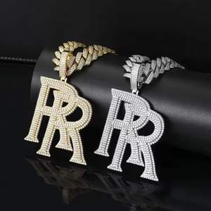 Pendentif personnalisé de luxe en forme de Zircon RR avec chaîne cubaine, plaqué argent, style Hip Hop, pour homme et femme, cadeau - Product Image 2