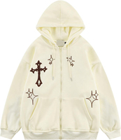 Sweat à capuche unisexe personnalisé en polaire confortable et épais (350g) avec fermeture éclair, motifs crânes, strass, croix et étoiles, coupe oversize, style streetwear, automne-hiver